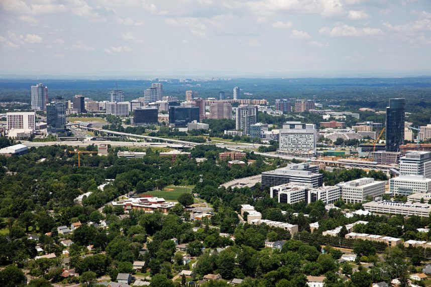 Aerial view of DC cityscape