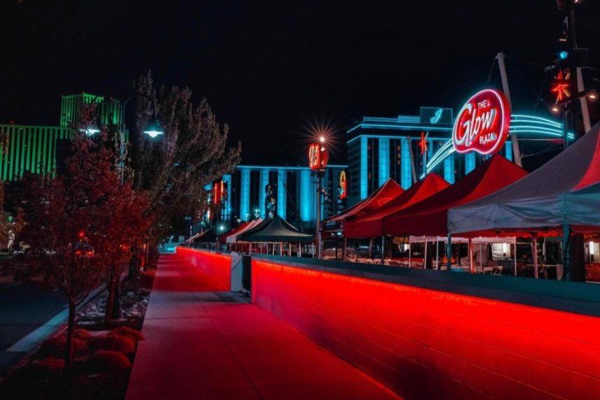 Festival tents glowing at night