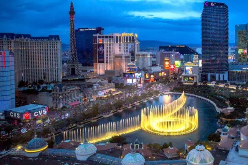 Vegas Strip glowing at sunset