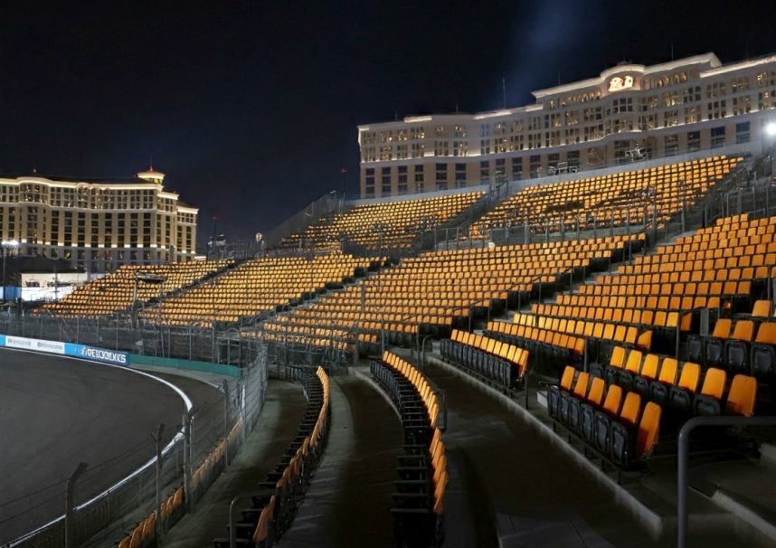 Empty yellow stadium grandstand seating