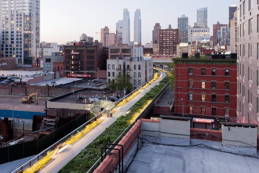 Elevated walkway overlooking urban skyline