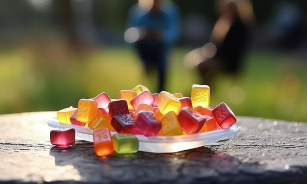 Colorful gummies on white plate