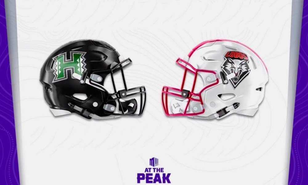 Two opposing football helmets