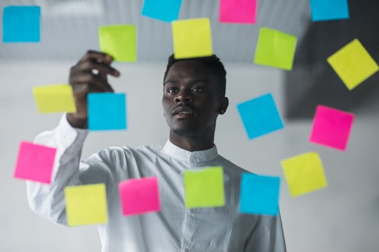 Man with sticky note collage