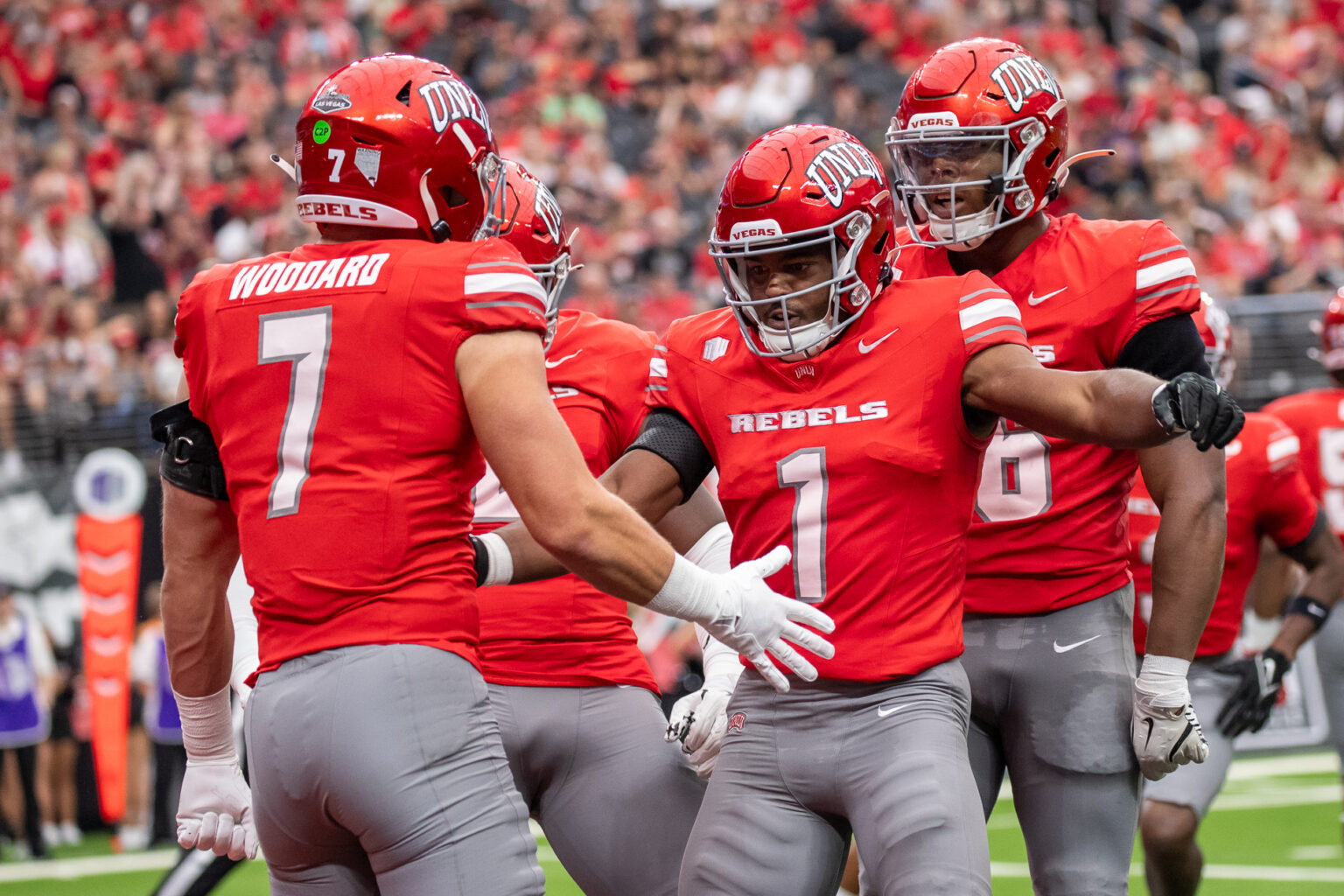 UNLV players celebrate touchdown against Fresno