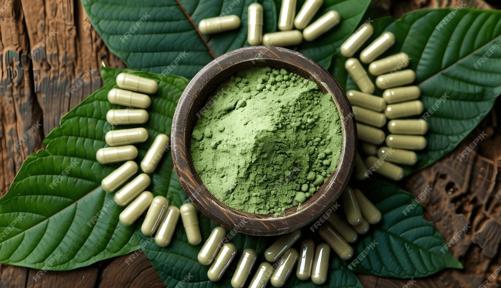 Green powder with kratom leaves