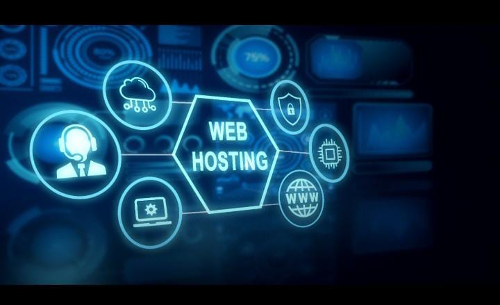 Glowing blue web hosting icons