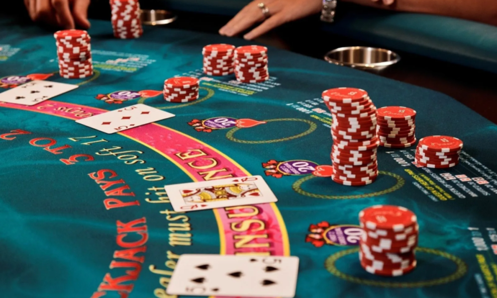 Blackjack table with green felt surface