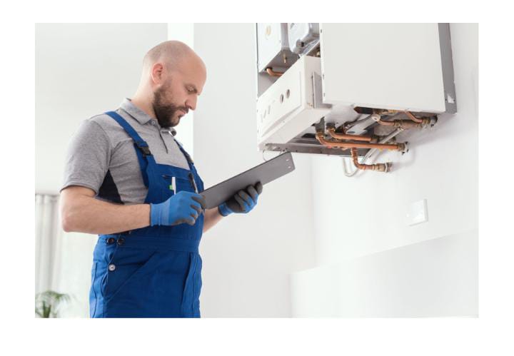 Technician examining boiler system