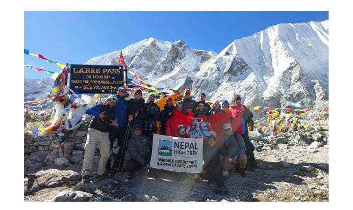 Nepal trekking route sign with hikers