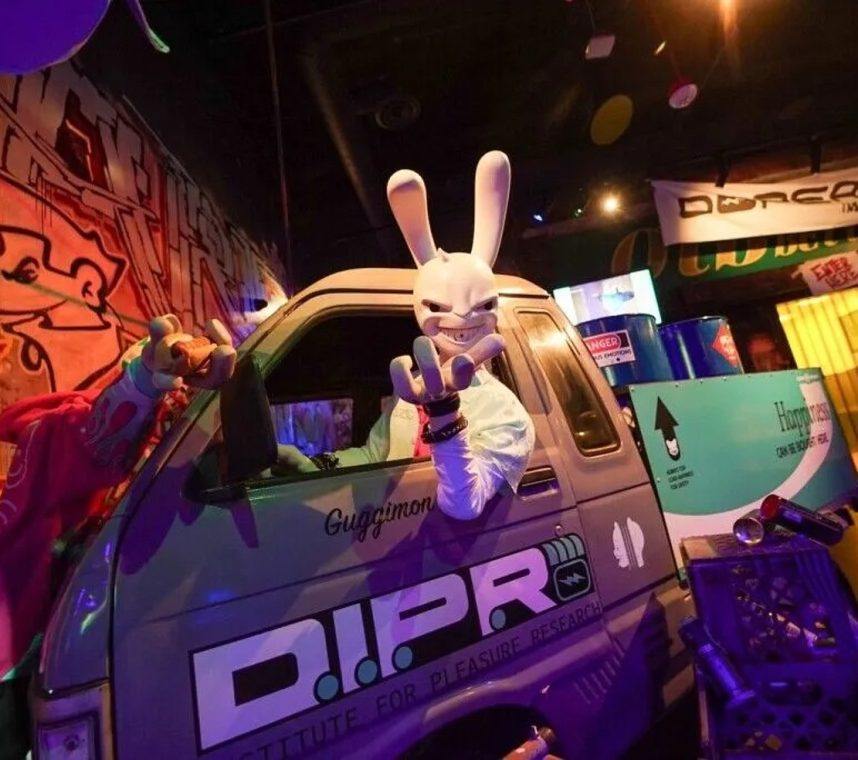 White rabbit riding in pickup truck