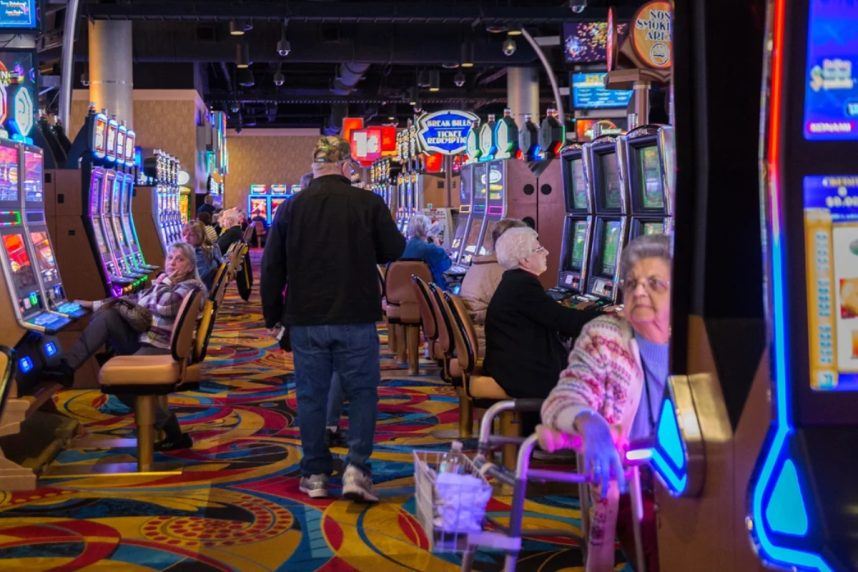 Gamblers at Hollywood Casino slot machines