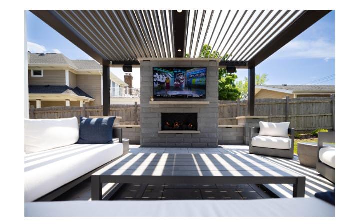 Patio with stone fireplace