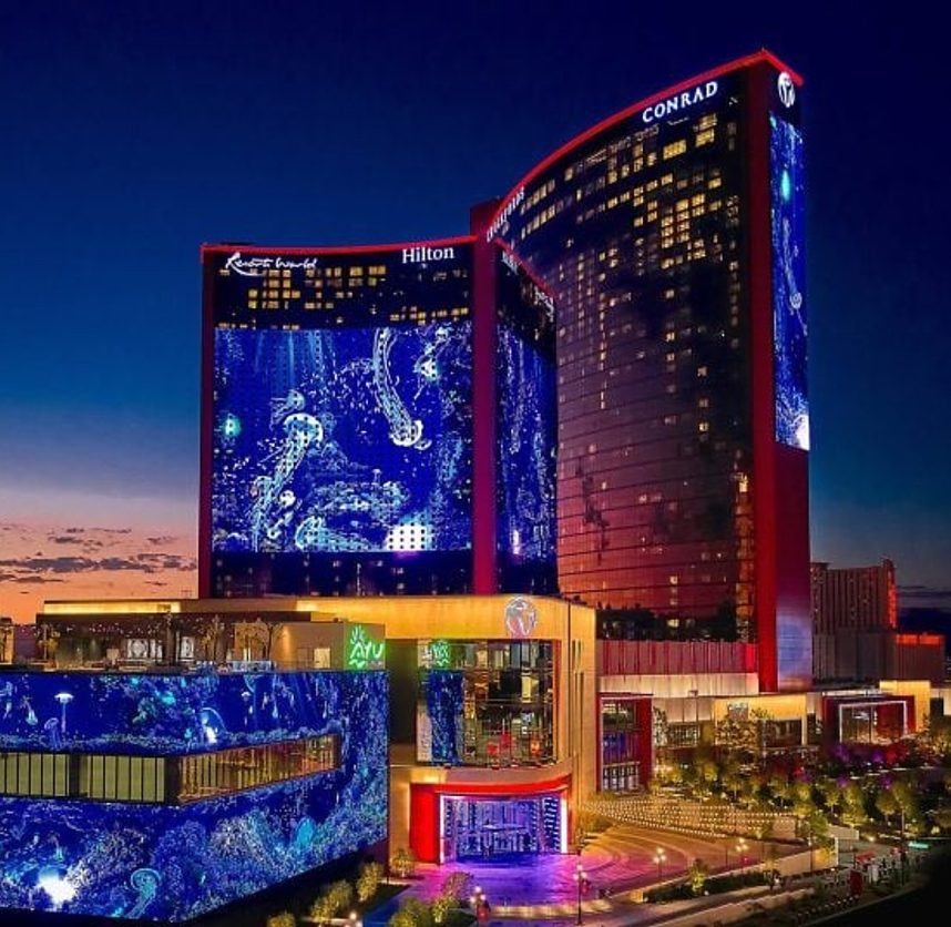 Resorts World Vegas illuminated at night