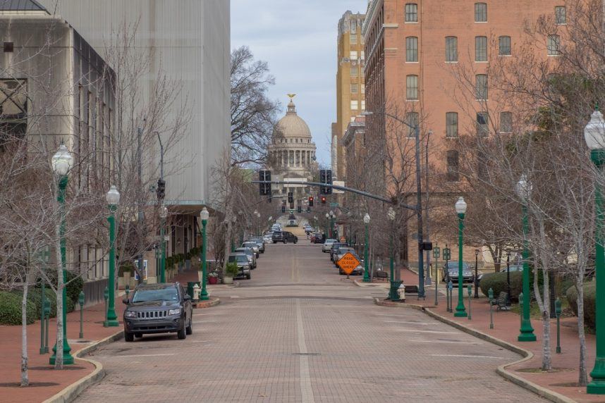 Jackson city street with capitol dome