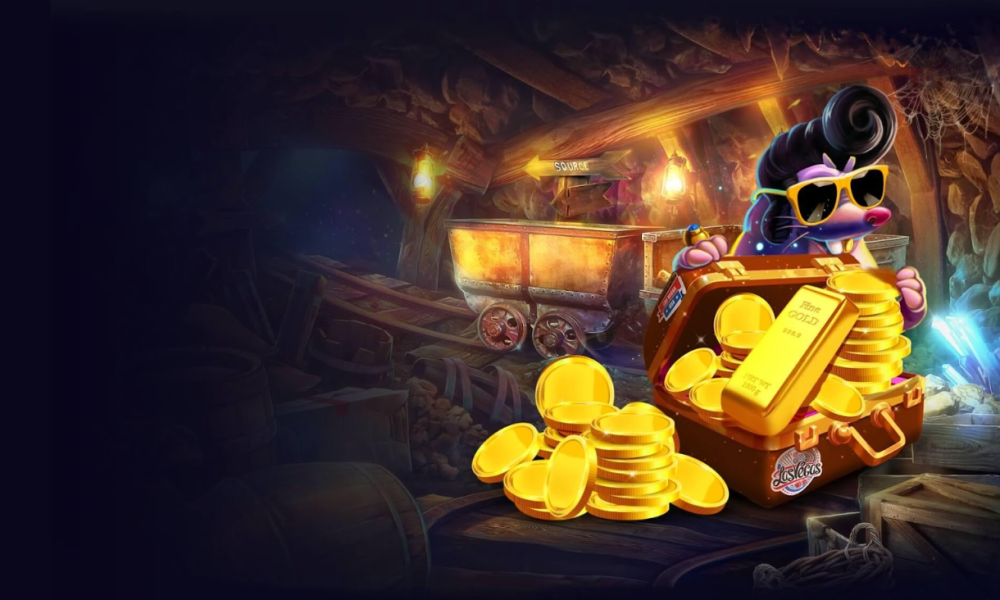 Cartoon character mining gold in cave