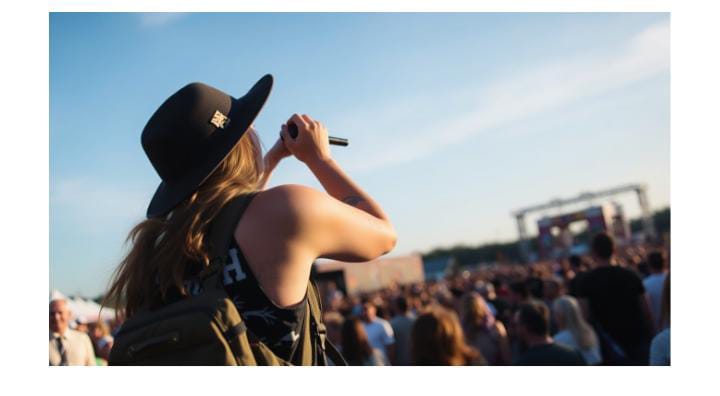 Woman singing into mic outdoors