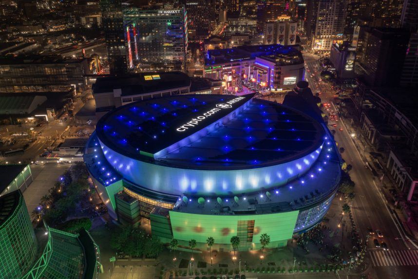 Crypto.com Arena illuminated at night