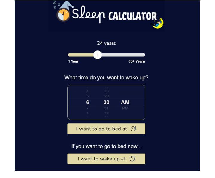 Sleep calculator showing bedtime options