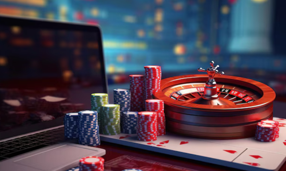 Laptop beside casino roulette wheel