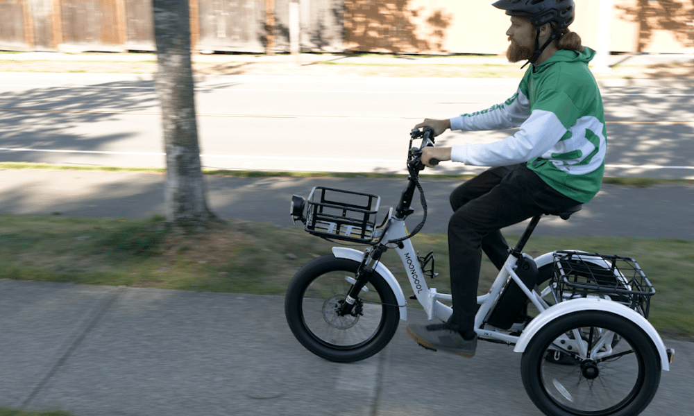 Cyclist pedaling on road