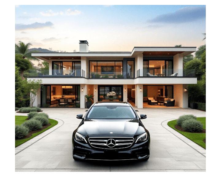 Black Mercedes parked at mansion