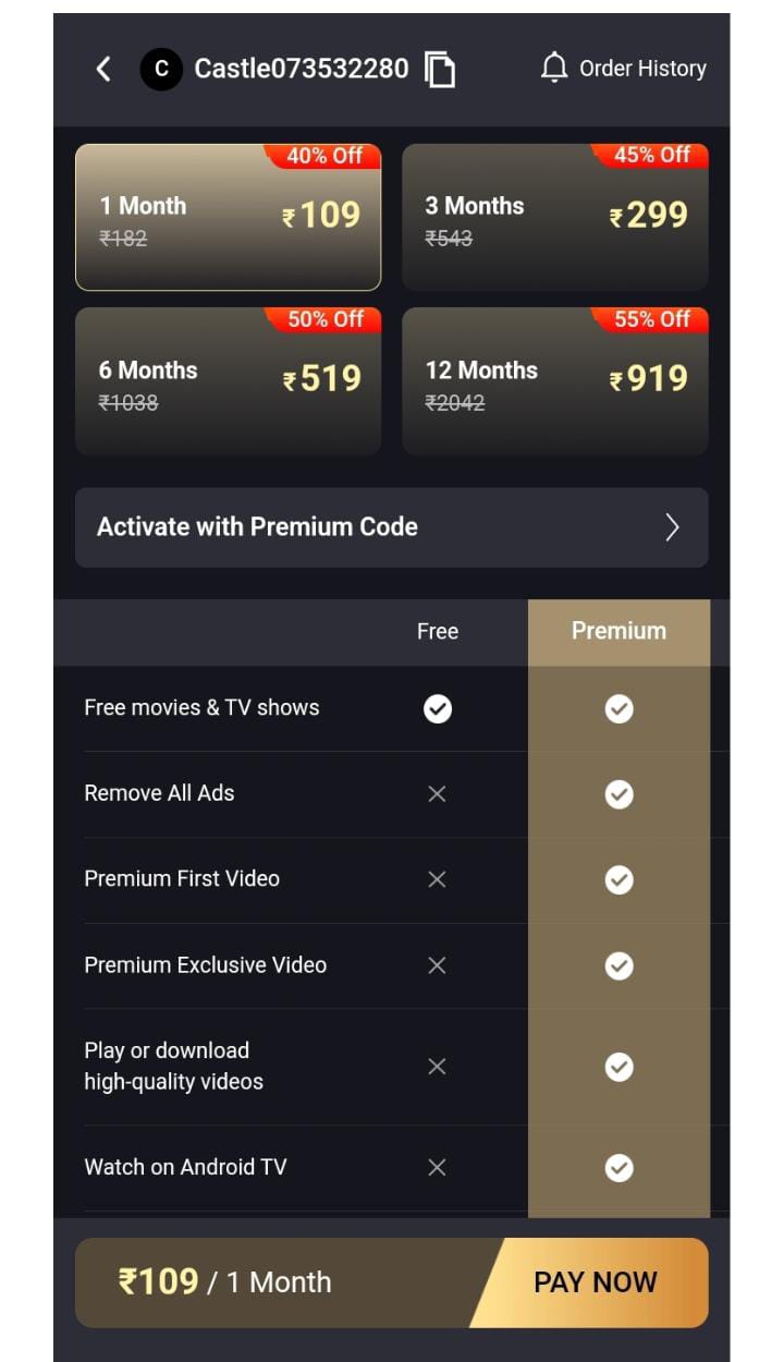 TV subscription options display screen