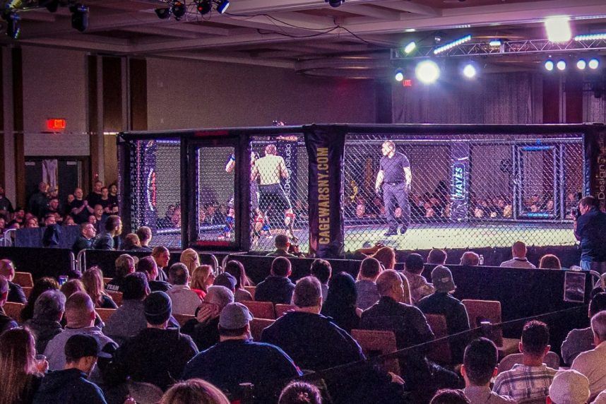 Two fighters in octagonal cage