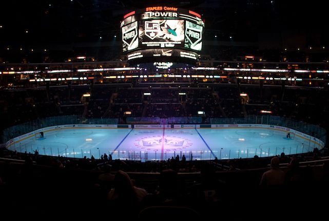 Indoor hockey rink with scoreboard