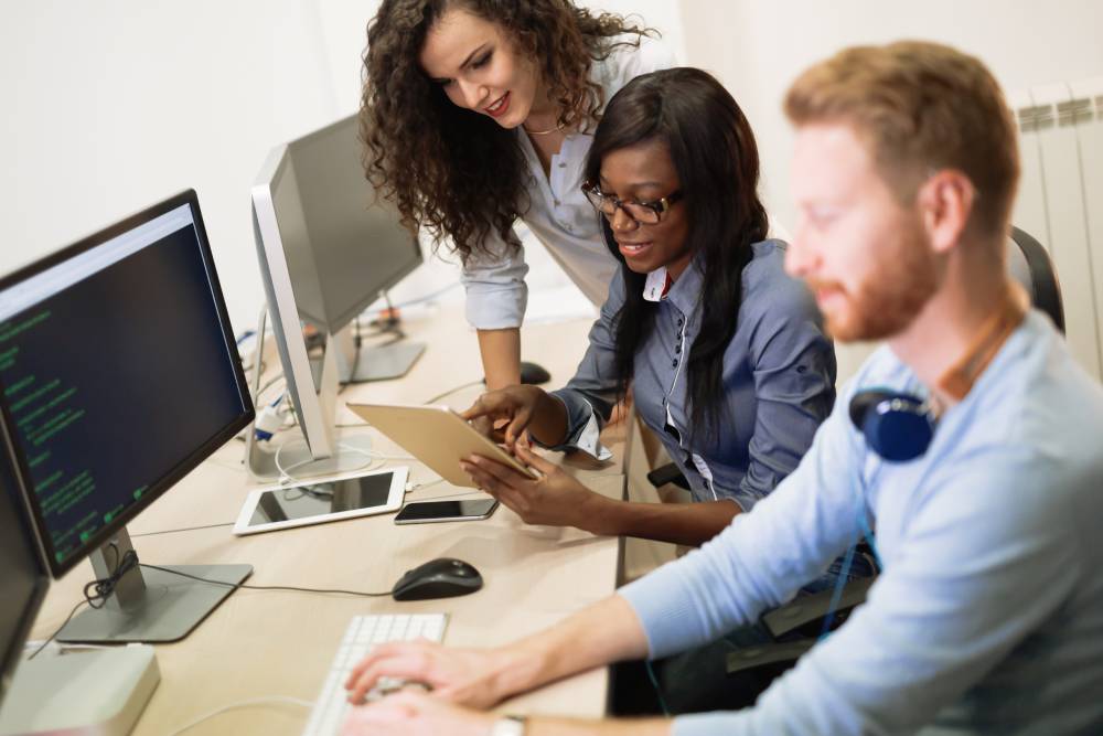 IT interns working at computer