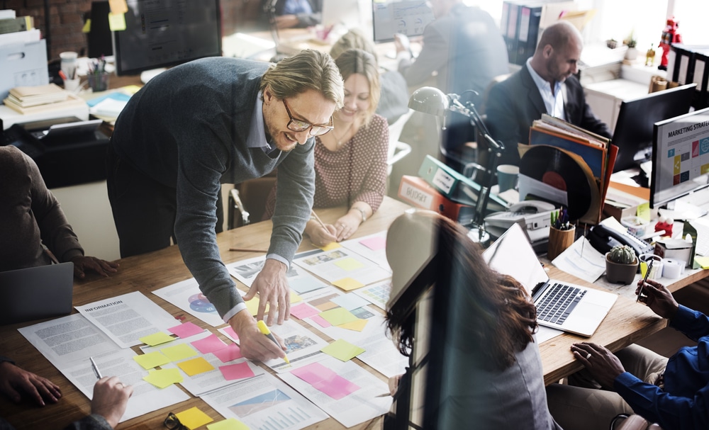 Team collaborating in modern office setting