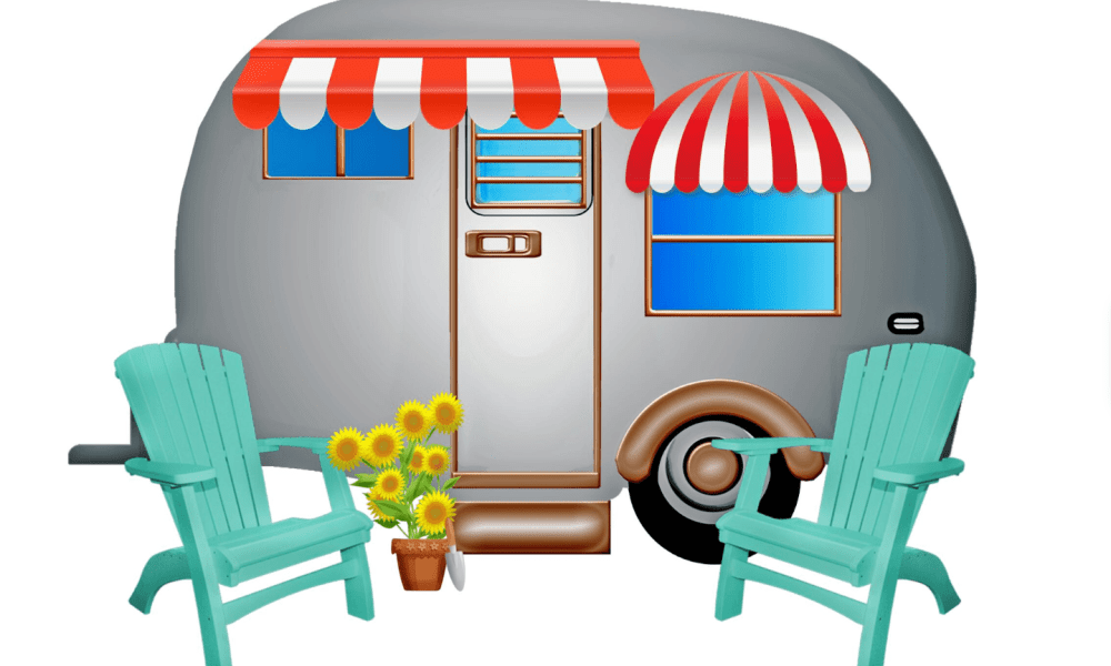 Gray camper with striped awning