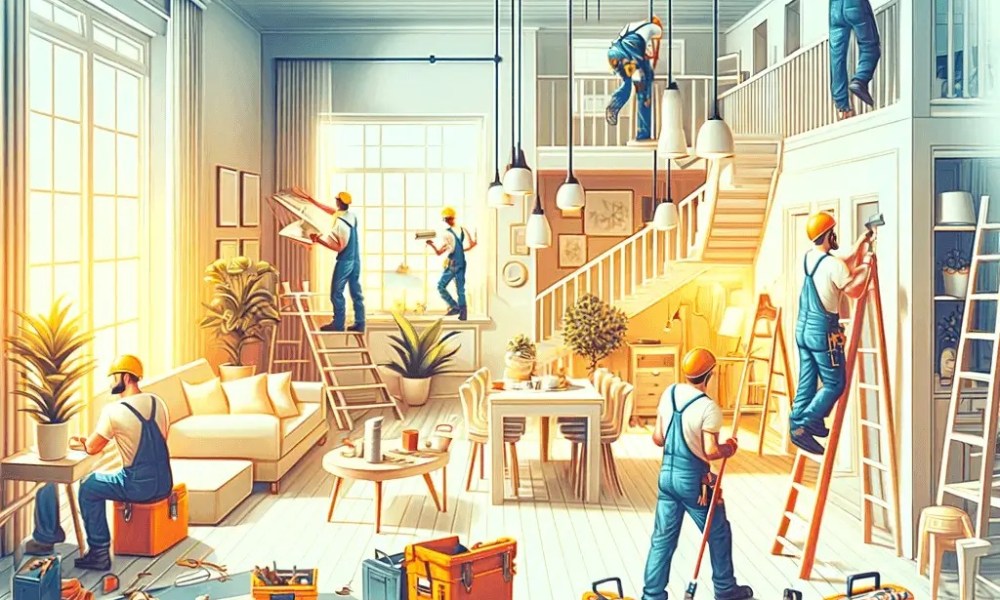 Workers remodeling interior space