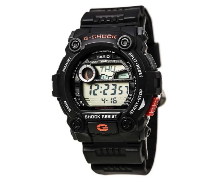 Black G-Shock watch with orange accents